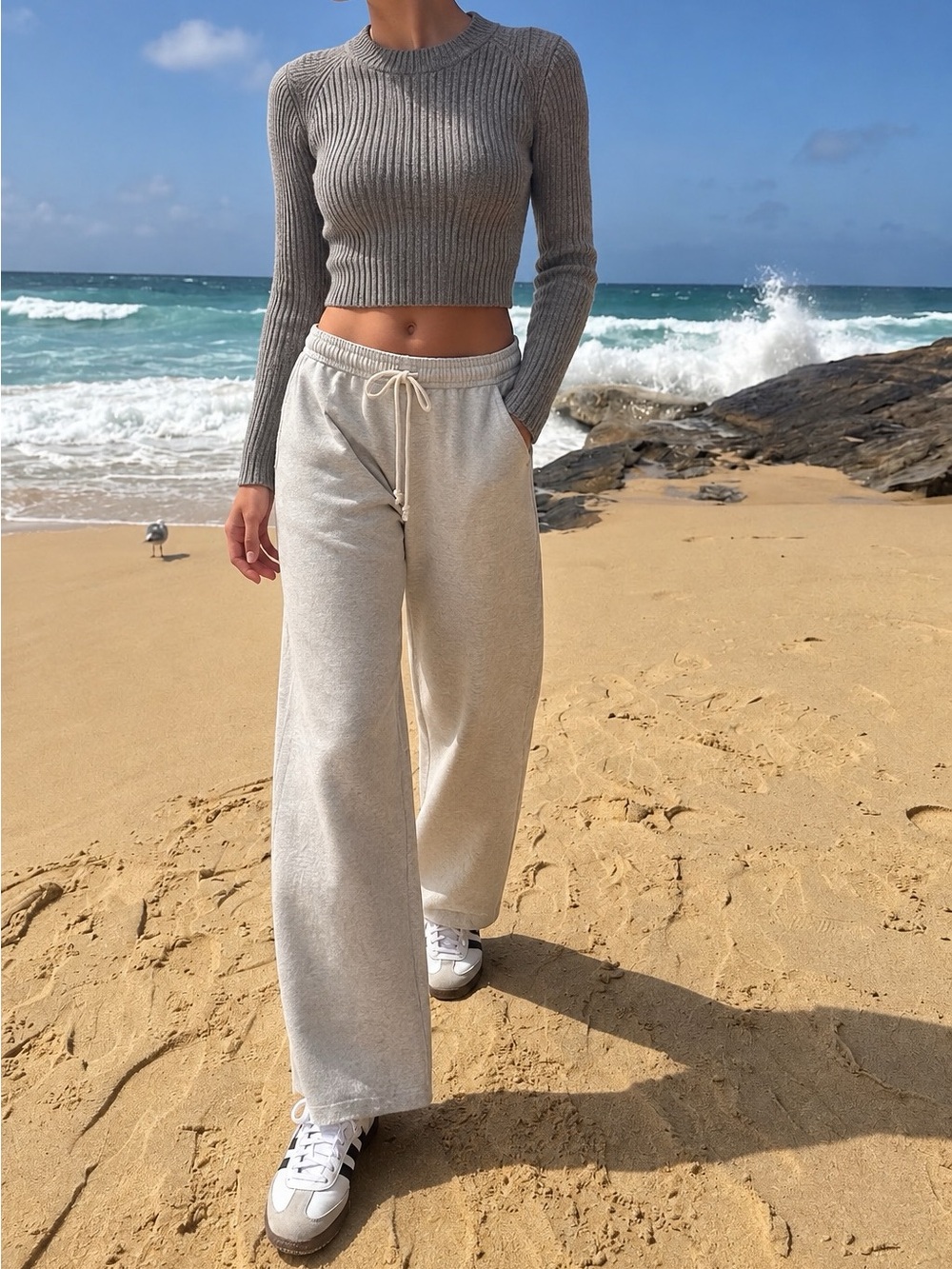 Brandy Melville Gray Ribbed Cropped Long Sleeve Sweater Wool Blend Y2K Size S-M